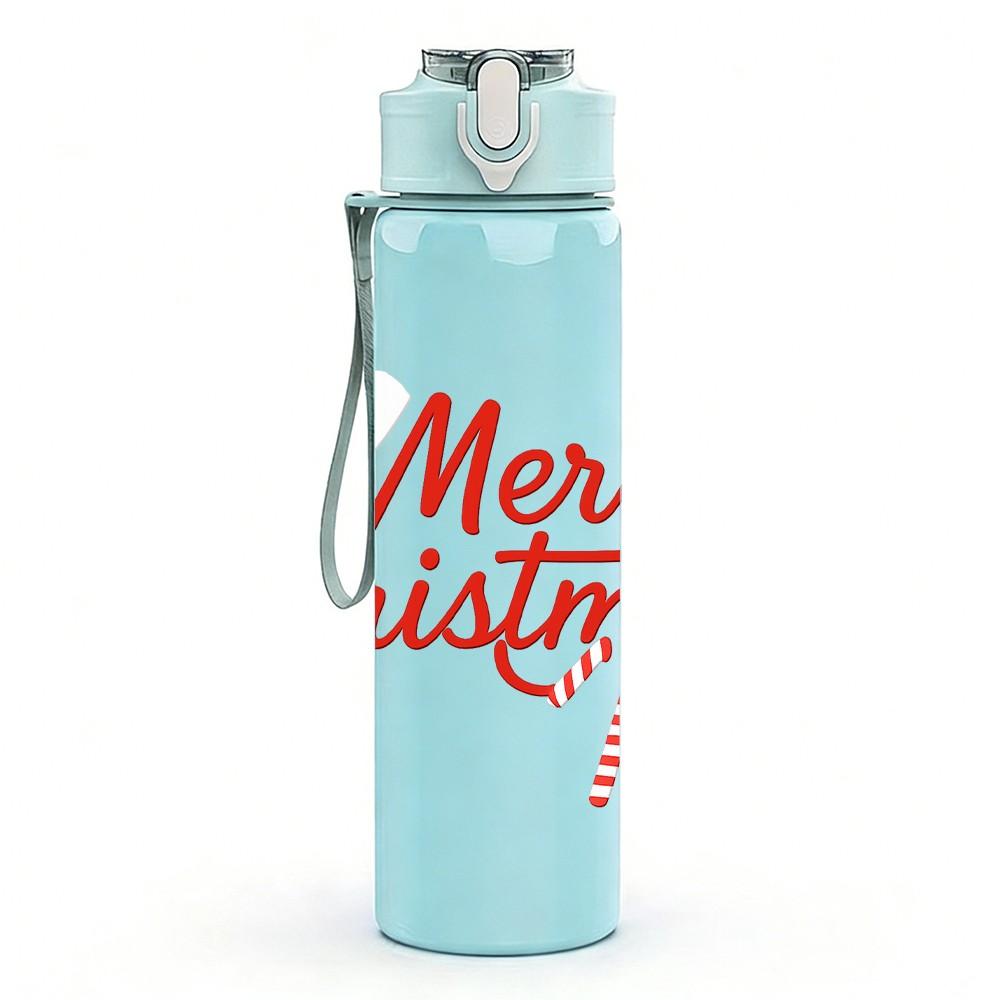 1PC Merry Christmas Red Text Letter 750ml Color Plastic Sports Water Bottle Leakproof Flip Straw Lid Suitable for Sports Office Home Use