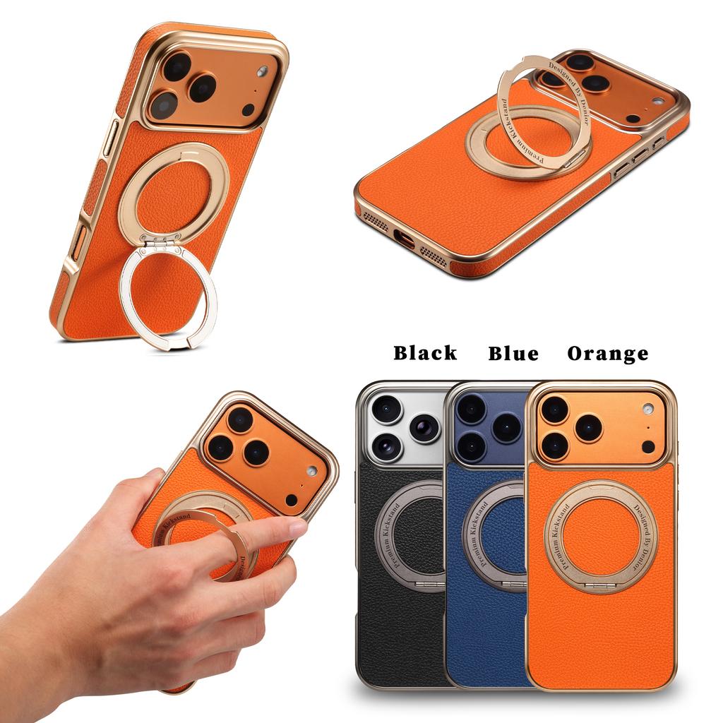 Business Leather Rotating Holder Electroplated Case For iPhone 17 ProMax 16 15 14 13 Pro Stronger Magnetic Shock Proof Cover