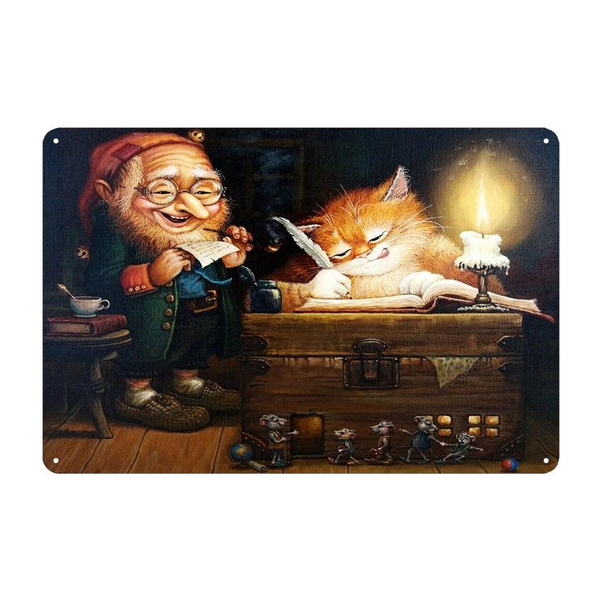 

Жестяная живопись: Старик и кошка в саду - Идеально для дворов, балконов, баров, магазинов молочного чая. Декорирование стен 20x30cm небесно-голубой