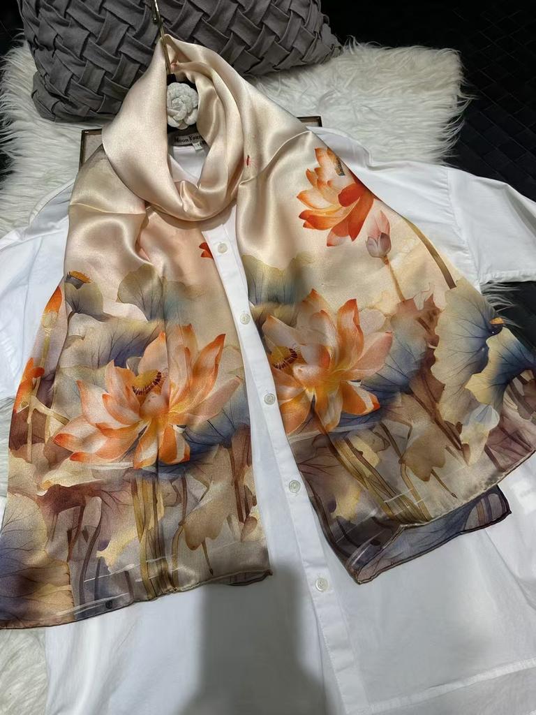 BYSIFA|New Khaki Yellow Silk Scarf Printed Winter Elegant Peony Design Long Scarves Shawls Fashion Brand Head Neck Scarves Capes