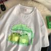 Mode Baumwolle Damen T-Shirts Zwei Frösche im Regen Schutz Aufdruck Kurzarm Weich Locker O-Ausschnitt Straße Damen Kleidung