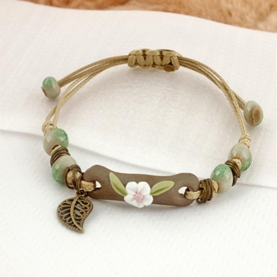 Fashion Women Flower Leaf Porcelain Charm Woven Bracelet Adjustable Jewelry Gift