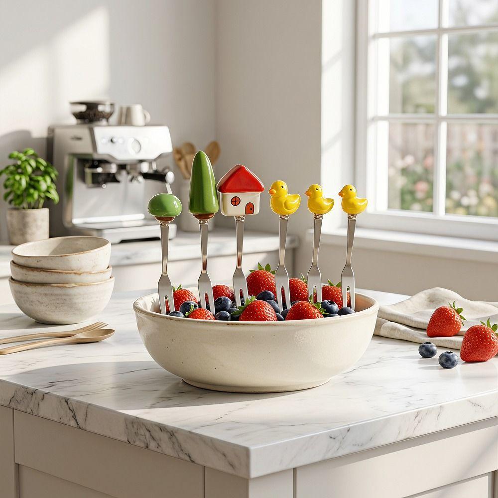 6Pcs Creative Stainless Steel Cake Fork Reusable Cute Fruit Forks Coffee Stirring