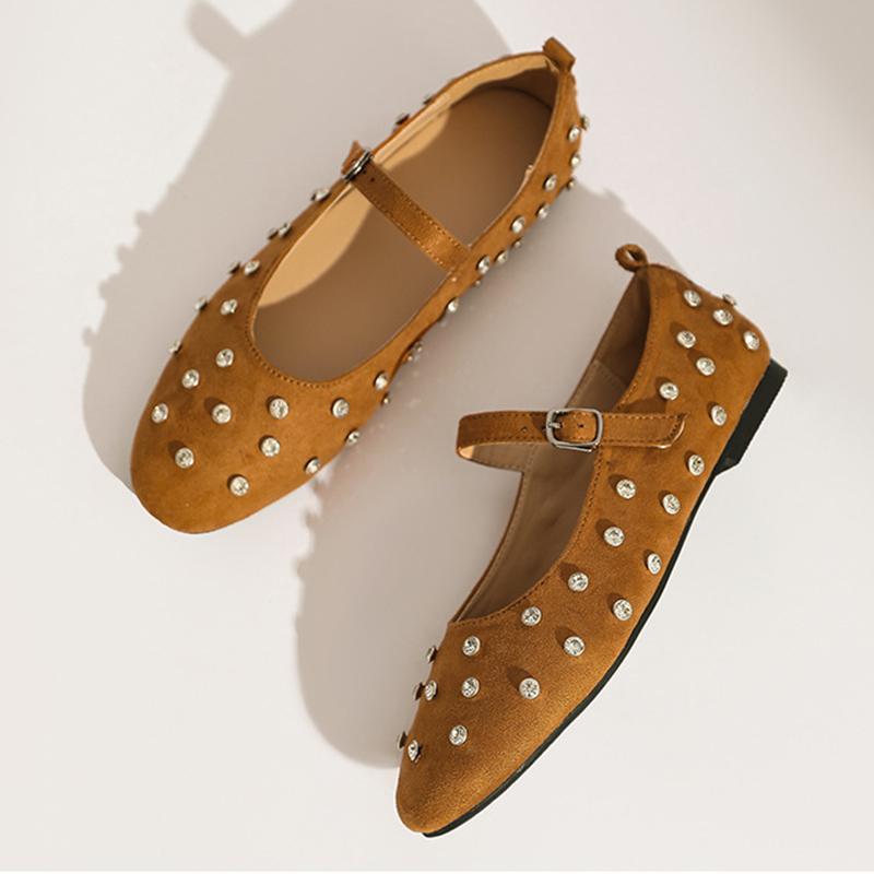 Fashion Crystal Rivets Ballet Flats Women Suede Leather Mary Janes Ankle Belt Loafers Female Summer Spring Rivets Loafers Cozy Moccasins