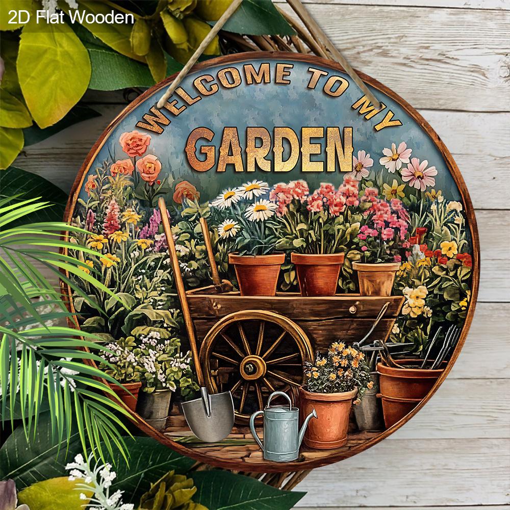 Vintage Wooden Welcome Sign with Garden Bonsai Pattern - Unique Round Sign for Front Door, Wall, Porch Hanging Decor - Ideal Home Hanging Ornament