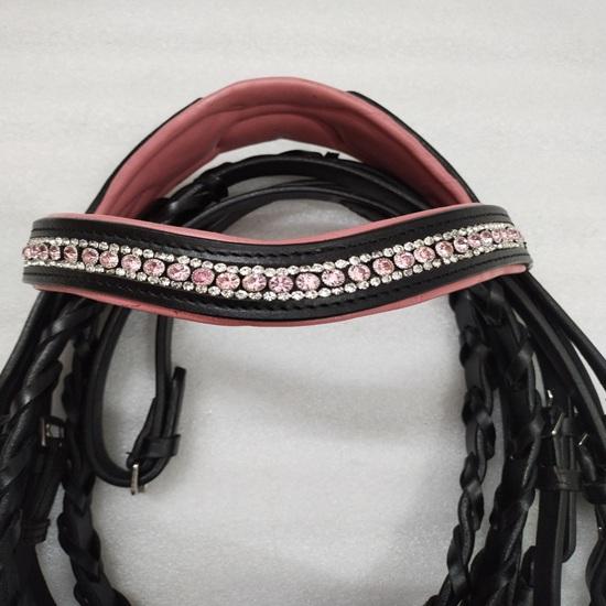 Leather Padded Comfort Bridle with Pink Color Stone & Padding Dressage Bridle .