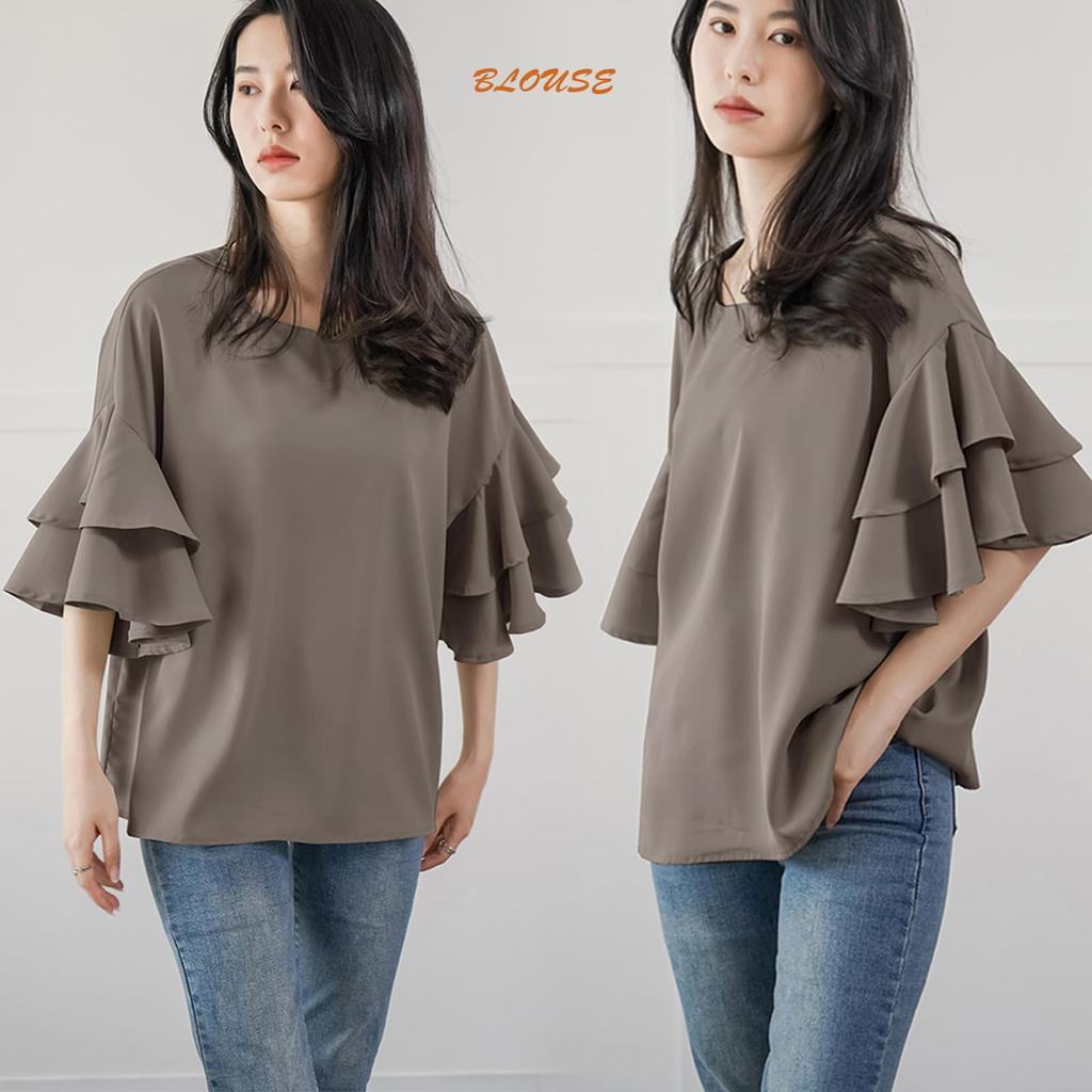 Ruffled Flare Stylish Cool Short Loose Fashionable for Office [POGCZMKK] Women's Blouse, Shirt, Neck, Sleeves, Fit, Flattering, Cute, Commuting, Lady,