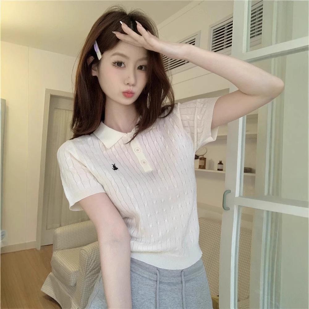 2025 Sommer Koreanischer Stil Polokragen Eisseide Gestrickte Kurzarm Damenbluse