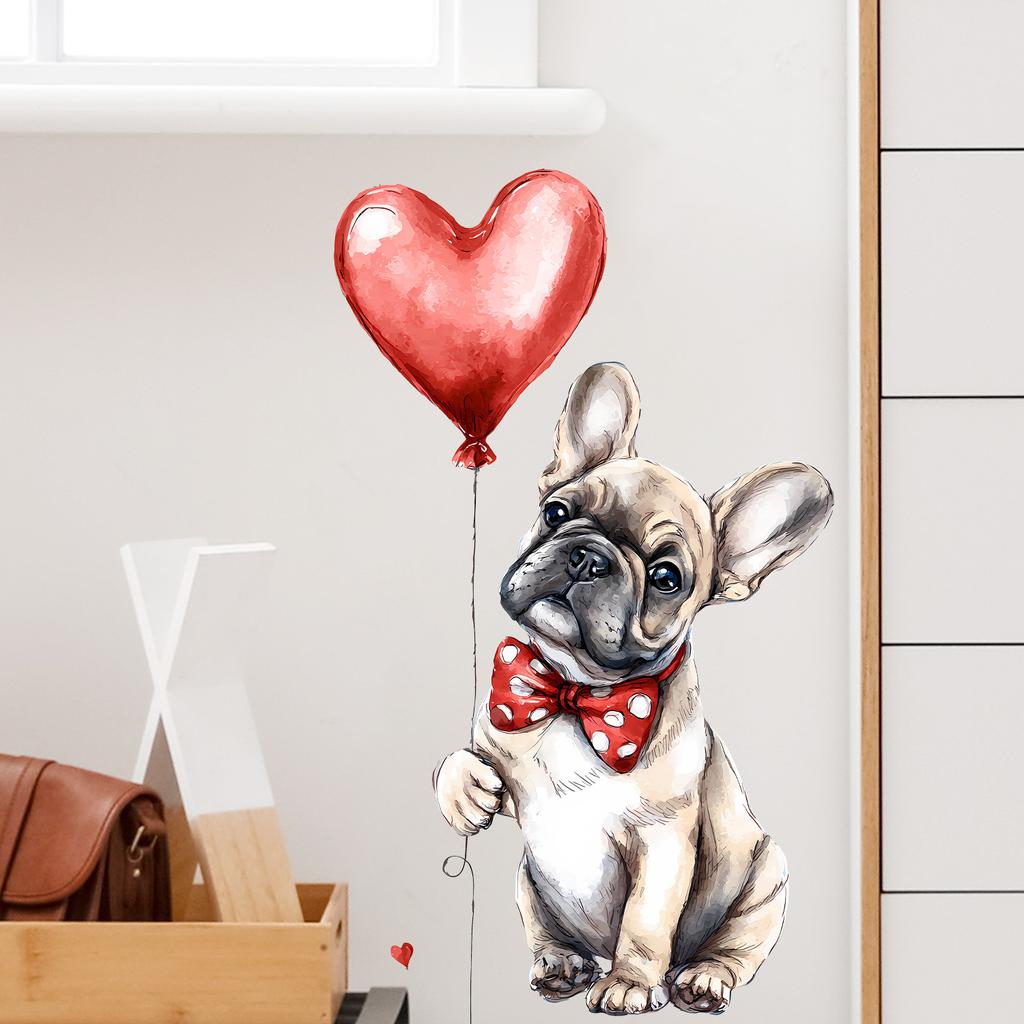 Aquarell Valentinstag Hund mit Ballons Wandaufkleber Selbstklebend Abnehmbar für Schlafzimmer Wohnzimmer Eingangsbereich Heimdekoration