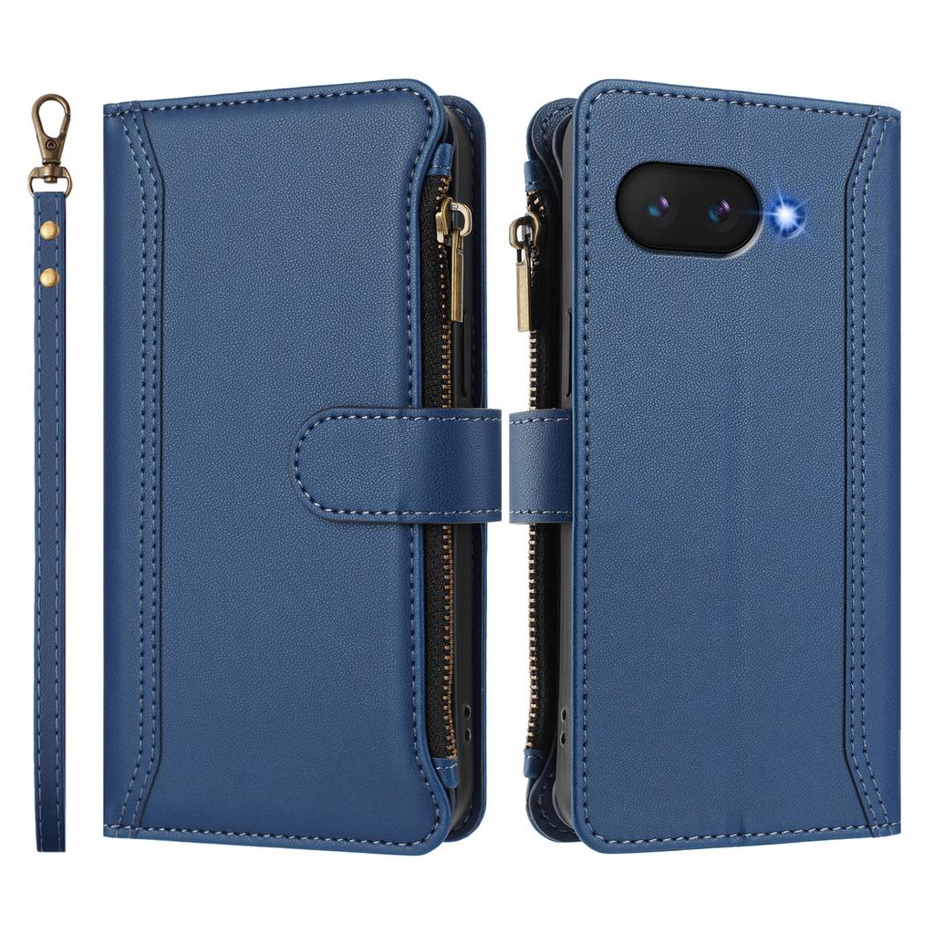 For Google Pixel 9a Leather Case 9 Card Slots Zipper Wallet Stand Phone Cover with Wrist Strap