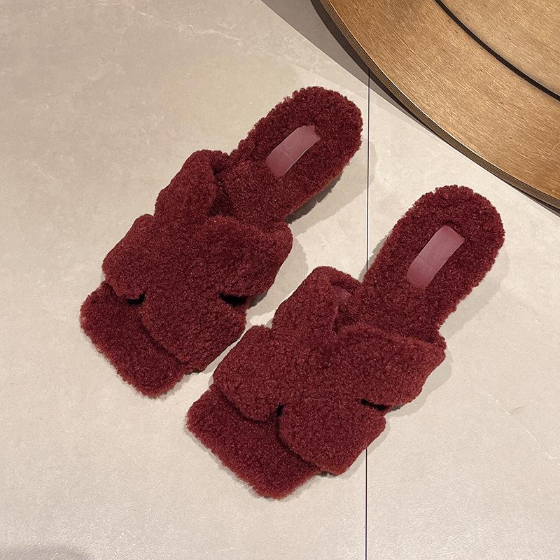 

Осень-зима 2025, новые туфли на тонком каблуке с квадратным носком в европейском и американском стиле, модные универсальные тапочки с пушком на высоком каблуке с открытым носком, для улицы 39 красный