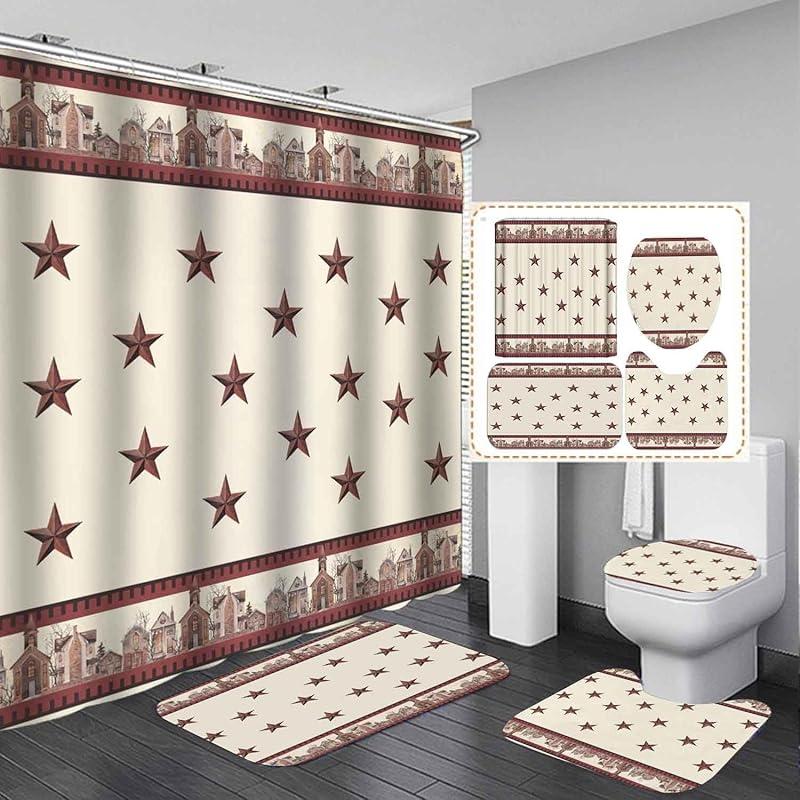 4PCS Western Shower Curtain Sets With Rugs, Country Barn Door Shower Curtain, Waterproof Fabric Brown Shower Curtain Cow Skull Cowboy Boots Hat