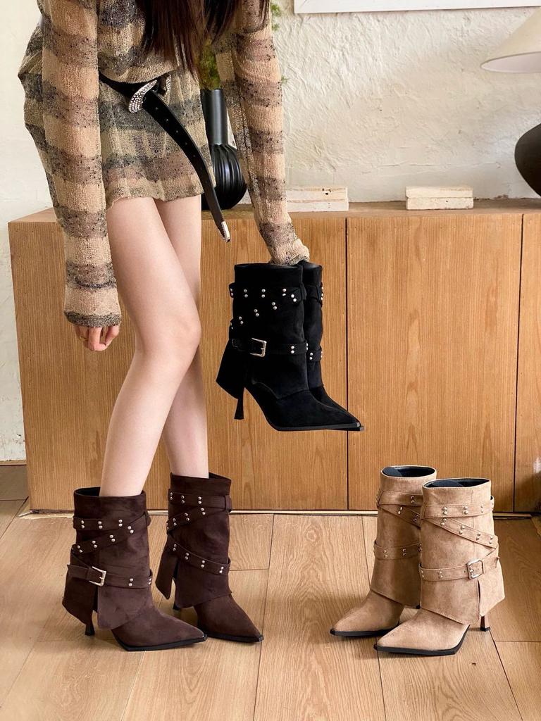 2025 New European and American Style Belt Buckle Wide Tube Pointed Head Thin Heel Thin High Heel Short Boots