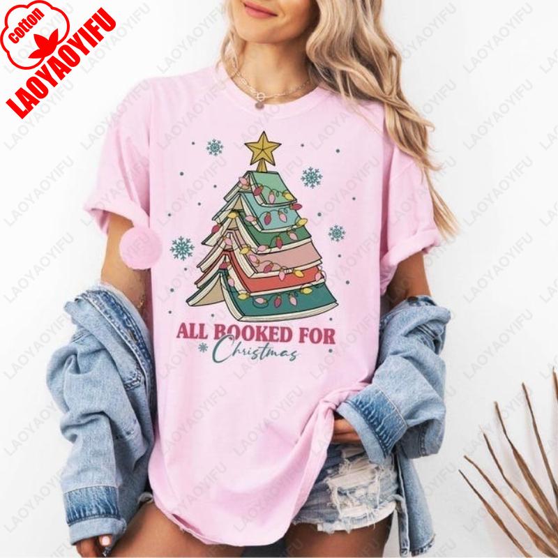 All Booked for Christmas Gift Tees for Librarian Bookworm Tree Kawaii Funny Unique Creative Tops Men Women Cotton Trend Tshirt