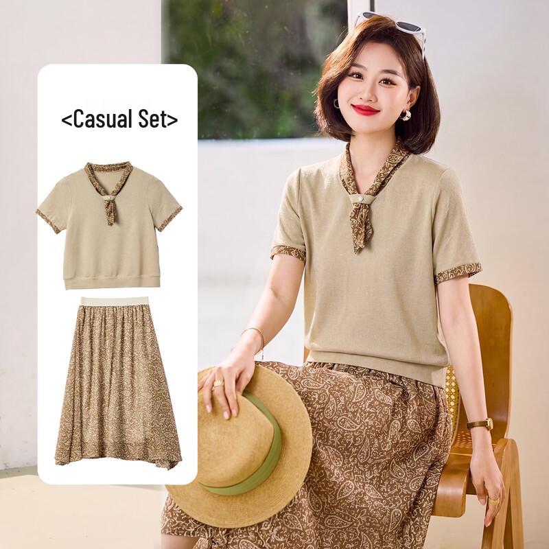 Qianlian 2026 Summer Flutter Collar Knitted T-Shirt & Loose Skirt Set for Middle-Aged Women
