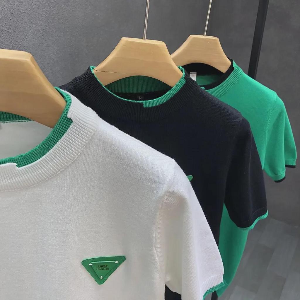 Men's Trendy White Knitted Ice Silk Short-Sleeve Sweater T-Shirt