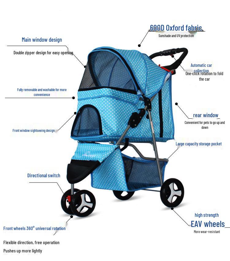 Three-Wheeled Lightweight Pet Stroller for Small and Medium Dogs and Cats, Foldable and Universal Design