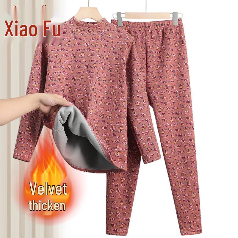 

Xiaofu Elderly Women s High-Neck Floral Fleece Thermal Two-Piece Set 3XL (recommended for 115-130 jin)