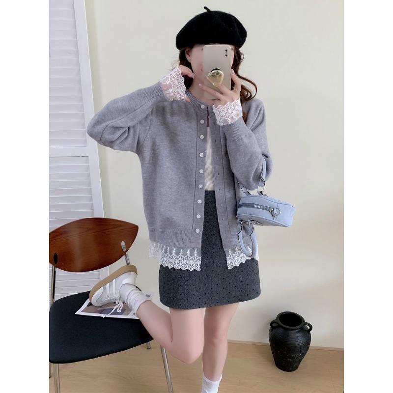 Sweater jacket women's autumn and winter new season fashion versatile design sense lace splicing knitted cardigan top women