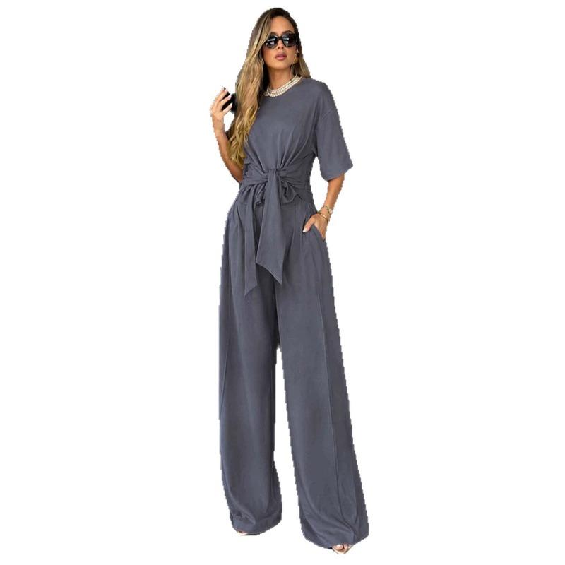 New Summer/Fall Collection Solid-Color Round-Neck Short-Sleeve Loose-Fit Wide-Leg Pants Slimming Tie-Waist Set