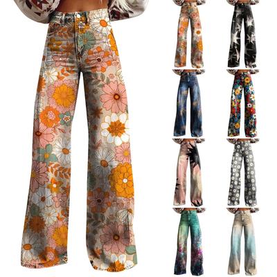 Wide Leg Flare Jeans for Women with Pockets Baggy Pants Vintage Floral Print High Waisted Loose Pant