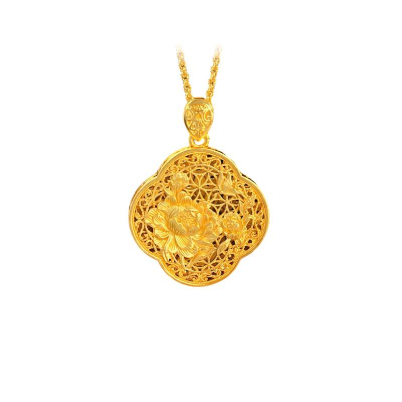 Double-Sided Chinese Peony & Four-Leaf Clover Gold-Plated Necklace