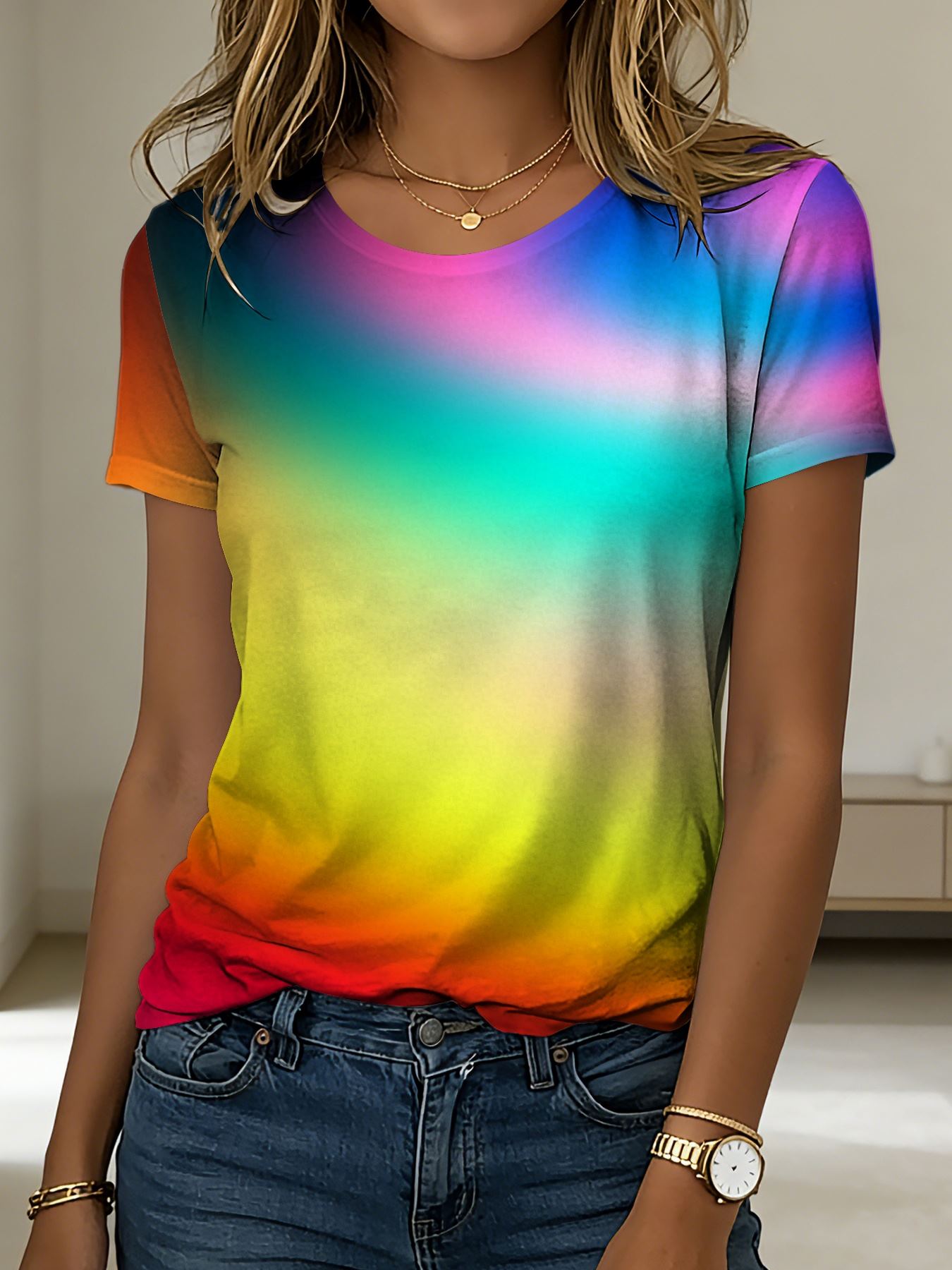 Women s short-sleeved T-shirt with rainbow gradient design, lightweight and breathable XXS