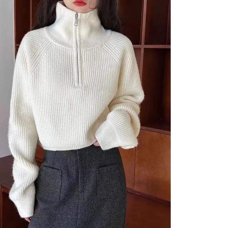 Red Knitted Sweater Women's Short Thickened Half High Collar Zipper Pure Color Loose Fit Autumn Style High Waist Sweater