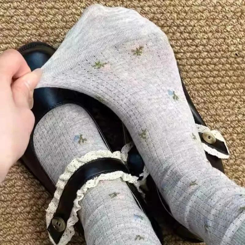 Spring Summer Thin Mesh Floral Socks Women Mid Calf Breathable Moisture Wicking Anti Odor Japanese Stacking Cotton Stockings