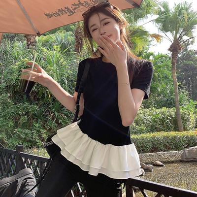 Sommer MODAL BAUMWOLLE T-Shirt für Damen Ballettstil O-Ausschnitt Kurzarm T-Shirts Lotusblatt lässig Slim Elastisch Skinny schwarz Oberteile