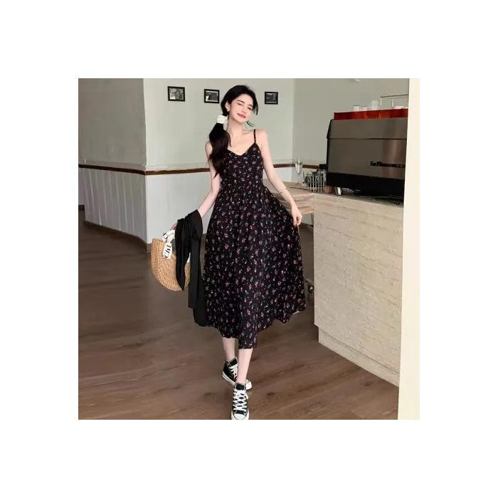 

Summer French retro floral suspender skirt printed large size women s clothing fat mm wear thin waist long skirt S
