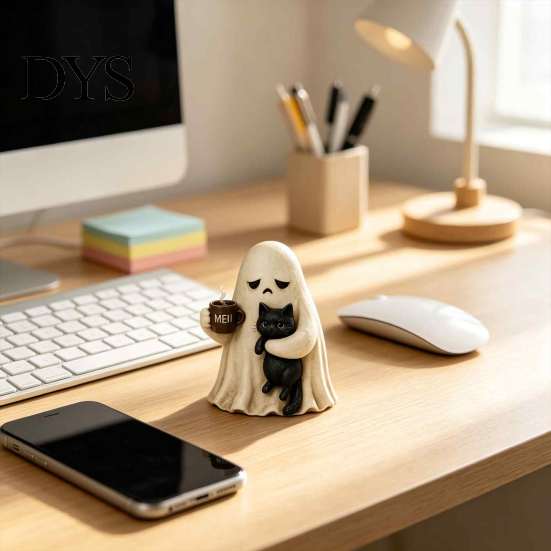 Ghost Holding Cat Statue Meh Mood Figurine, Cute Black Vintage Statue, Halloween Tabletop Ornament for Home Office Decor Resin