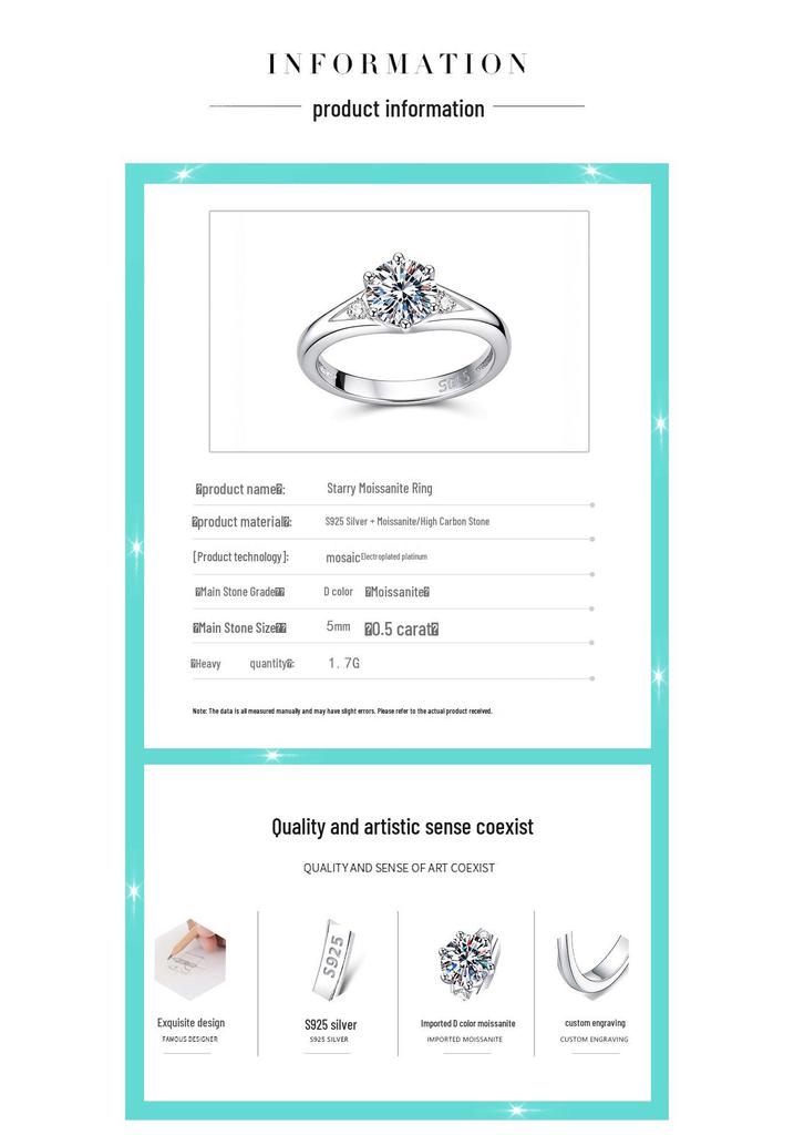 S925 Silver 1 Carat D Color Moissanite Six-Prong Engagement Ring for Women
