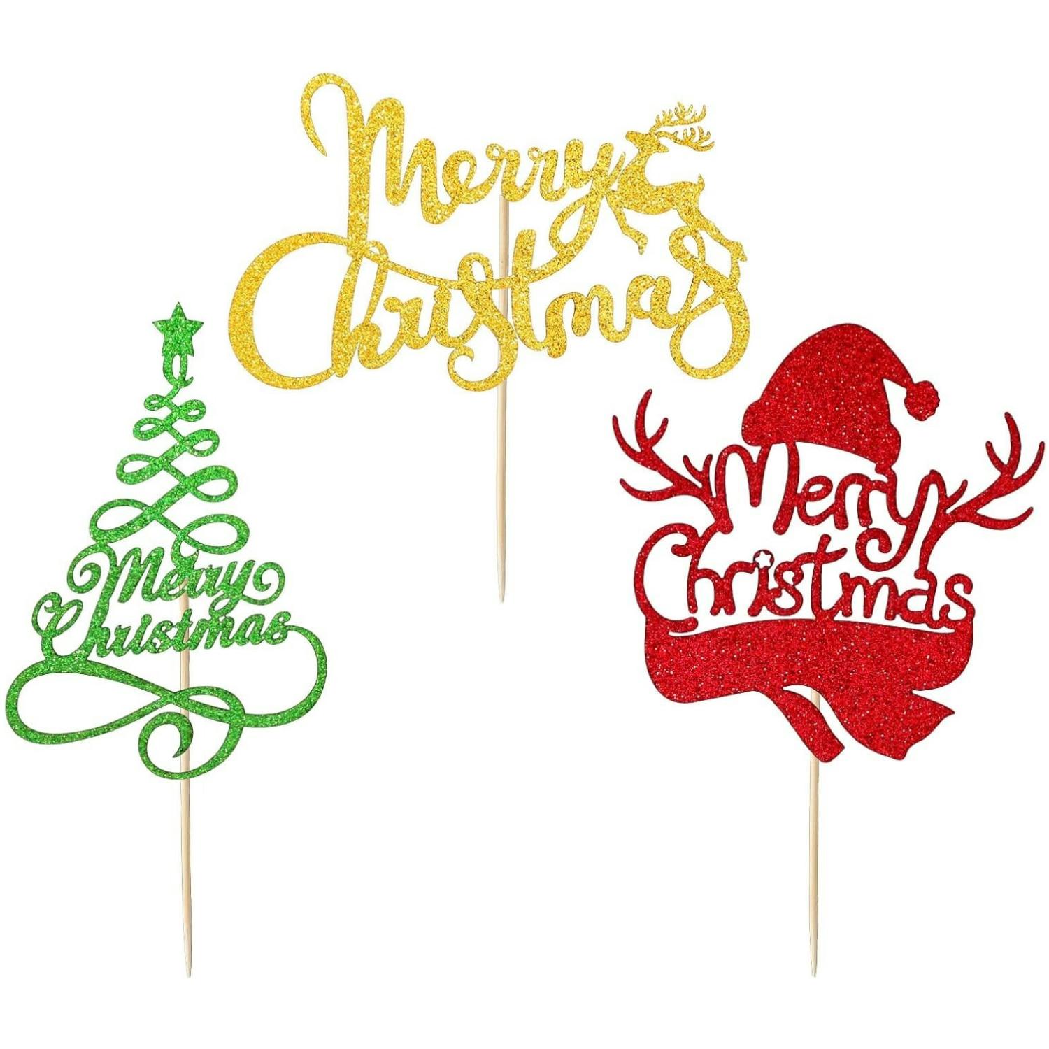 

24Pcs Christmas Cupcake Toppers 3 Design Glittery Cake Topper Xmas Tree Snowman Table Centerpiece Food Picks Cupcake Decoration