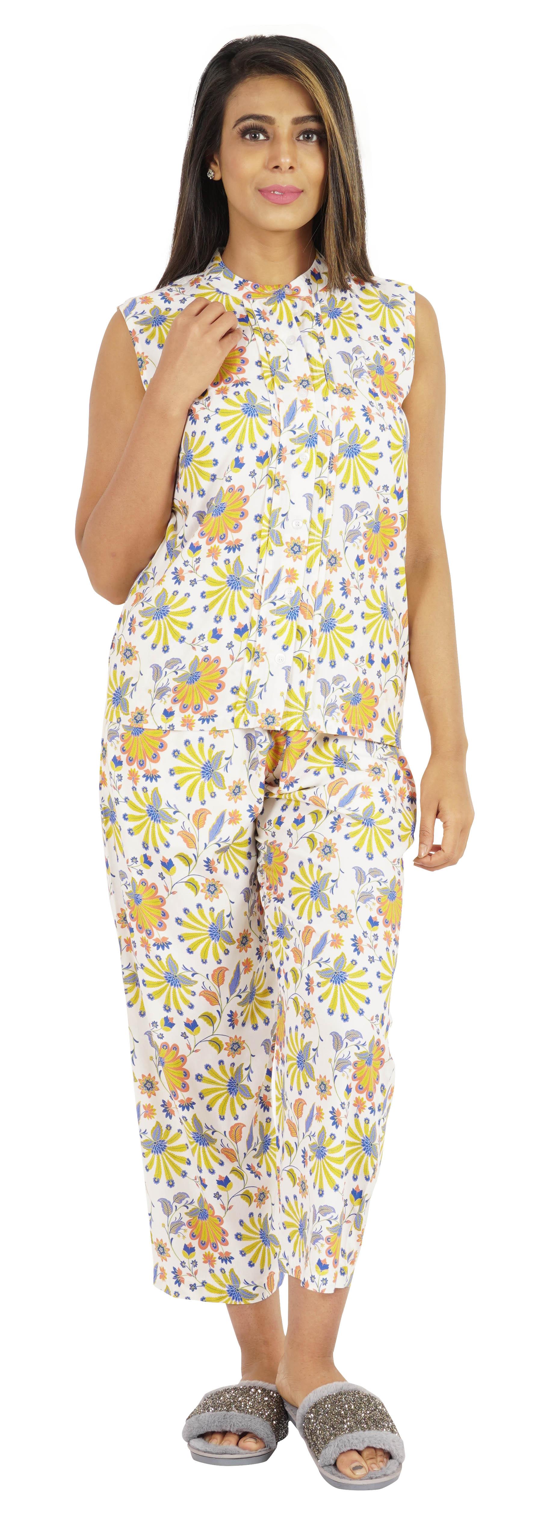 

Phagun Pajamas Set Printed Rayon Sleepwear Sleeveless Nightwear For Women XS білий