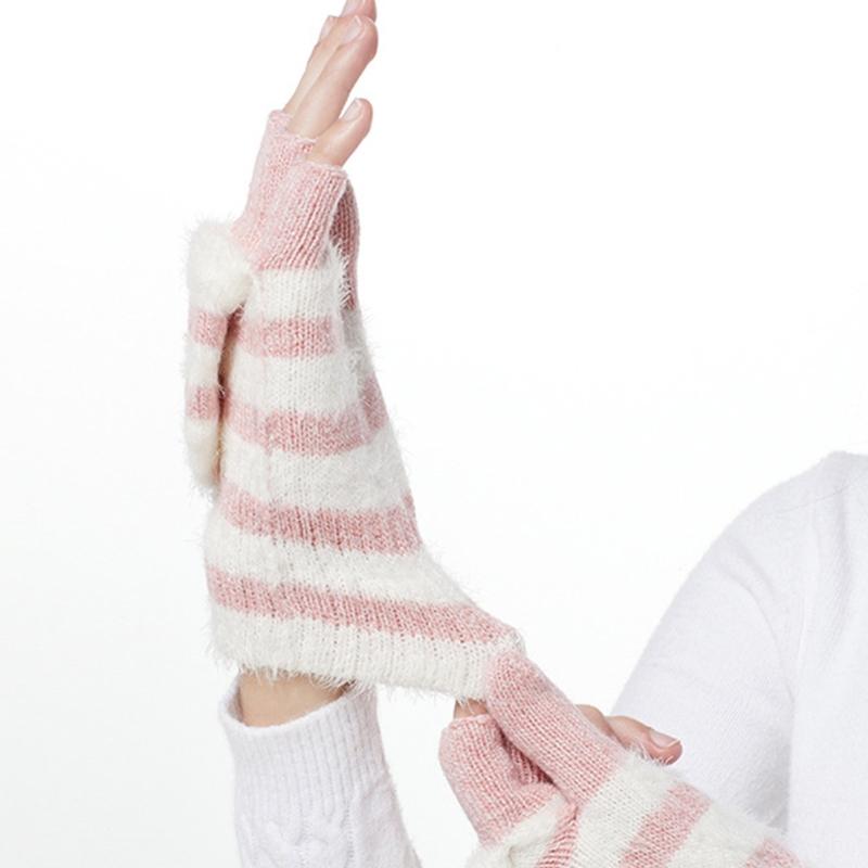 Soft Warm Gloves Winter Knitted Gloves Soft Cartoon Striped Fingerless Gloves with Flip Top Warm Glove Stretchy Mitten