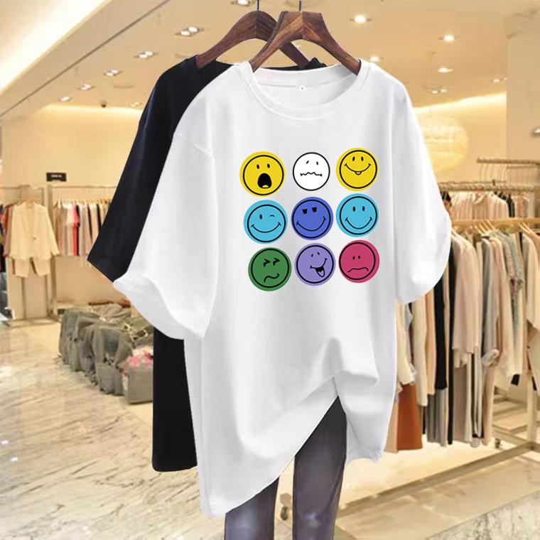 

2025 лето новая футболка с коротким рукавом и круглым вырезом с принтом смайлика женская свободная хлопковая с рукавом до локтя ns tide S белый