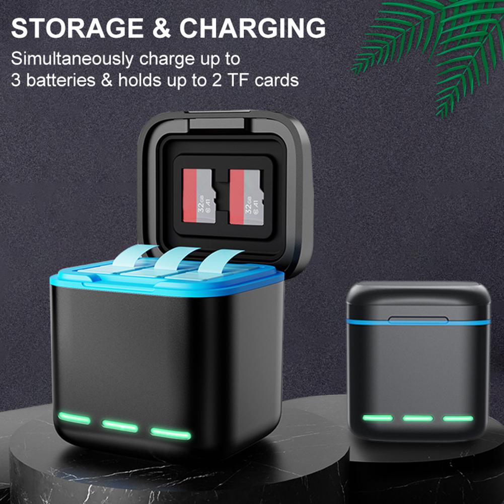 3-Kanal-Akkuladegerät mit Typ-C-Kabel, Akku-Aufbewahrungskoffer, 2 SD-Steckplätze für GoPro Go Pro Hero 8 7 6 5 Kamerazubehör