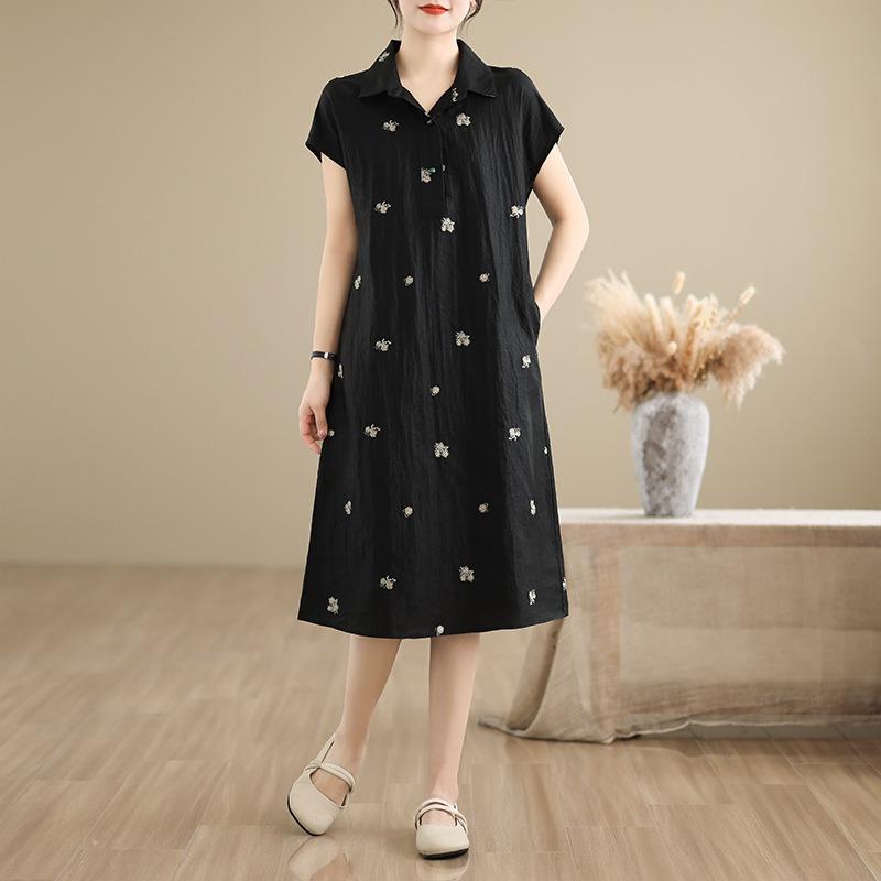 Echte foto zomer nieuw literair los jacquard borduurwerk losse jurk met korte mouwen dameskleding