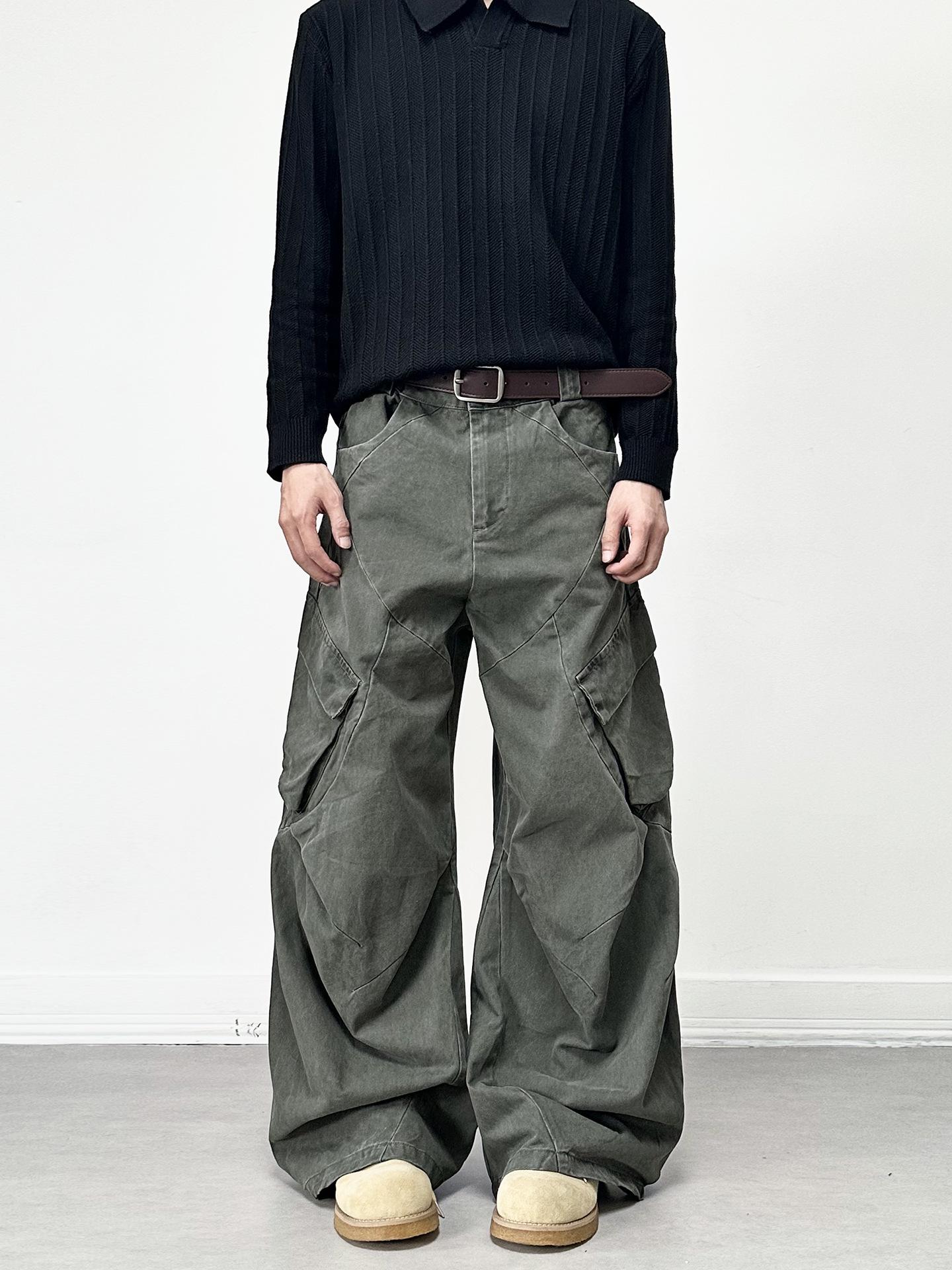 

Unisex Retro Washed Wide-Leg Cargo Pants with Large Pockets L зелений