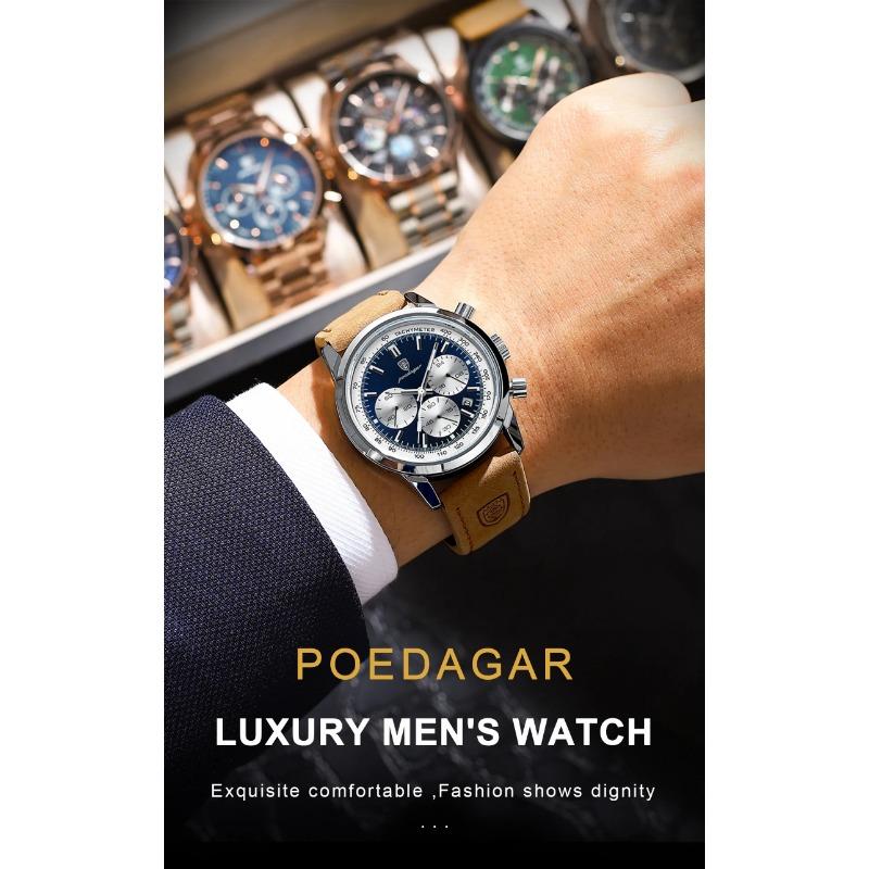 POEDAGAR Luxus Herrenuhr Hohe Qualität Wasserdicht Chronograph Leuchtende Armbanduhr Leder Quarz Uhren Lässige Uhr