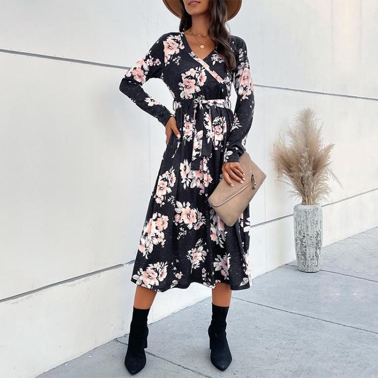 Women Elegant High Waist V-neck Chiffon Dress Long Sleeve A-Line Mid-Length Print Autumn Winter Fashion