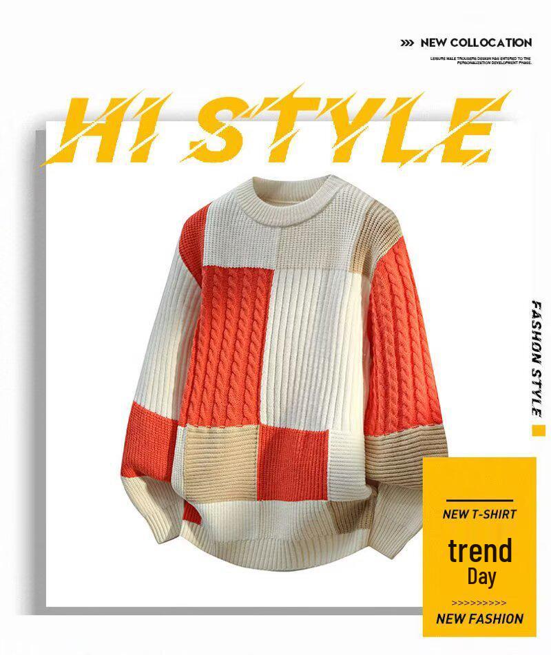 Men's Winter Thickened Color Block Knit Sweater - Warm, Casual, Trendy Fashion