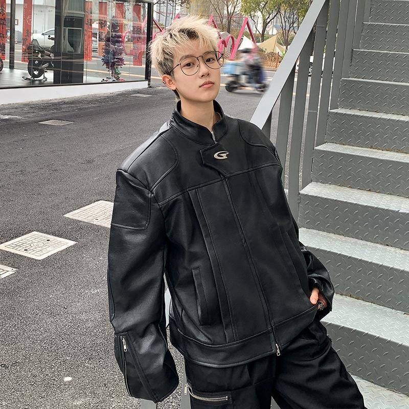 

Мужская кожаная куртка для мотоцикла, осенне-зимняя, уличная, красивая, короткая куртка со стойкой, наплечники, кожаная одежда XXL чёрный