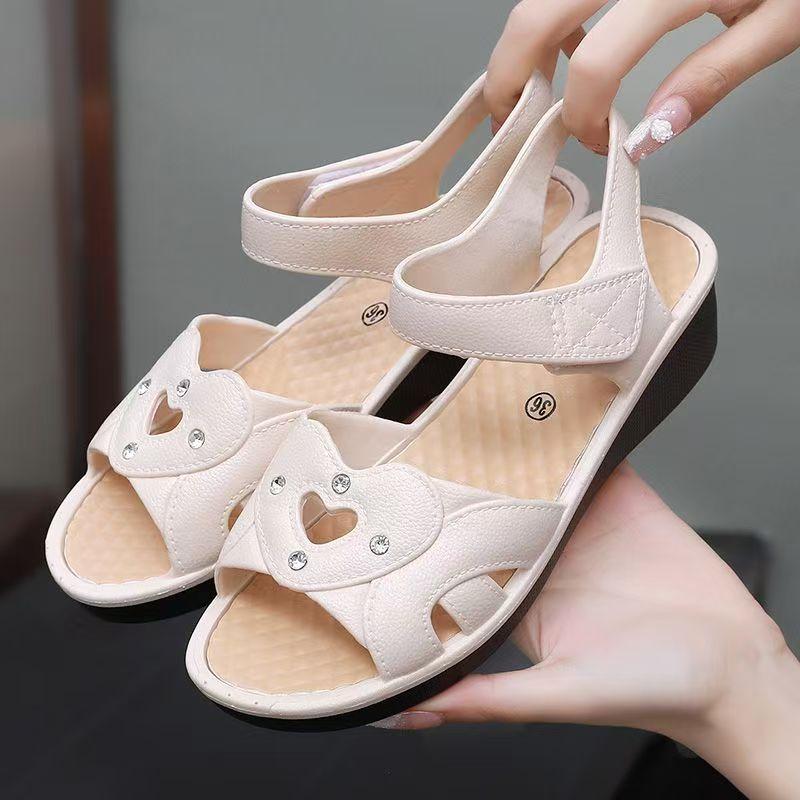 Damen Sandalen mit flachem Absatz für mittleres und älteres Alter Sommer Neu Weiche Sohle Rutschfest Leicht Wasserdicht Klettverschluss Offene Zehenpartie Sandalen