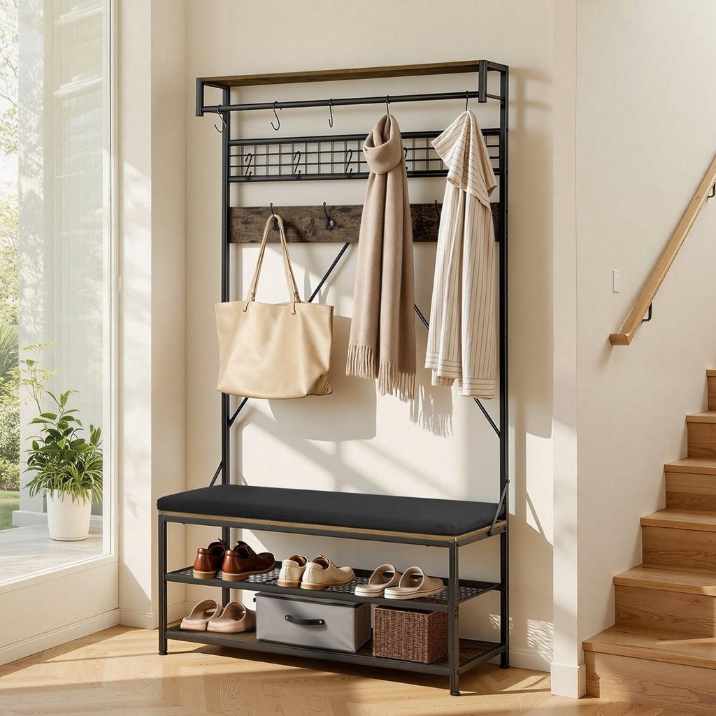 Hall Tree, 1830 mm Coat Rack with Shoe Bench, 2-Tier Freestanding Shoe Rack Storage Organizer with Hooks, Hanging Rod and Wire Shelf, Steel Frame