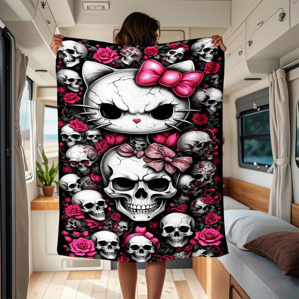 

1pc Skull, Roses, HelloKitty RV flannel blanket, pattern printed blanket, sofa bed couch car office camping travel warm comfortable soft bla 130x150cm