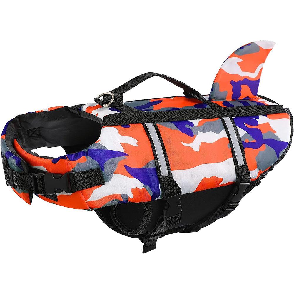 Gilet de sauvetage Camo pour chien avec nageoire de requin, réglable, réfléchissant, pour animal de compagnie, avec poignée de sauvetage, gilet de sauvetage pour la nage du chien