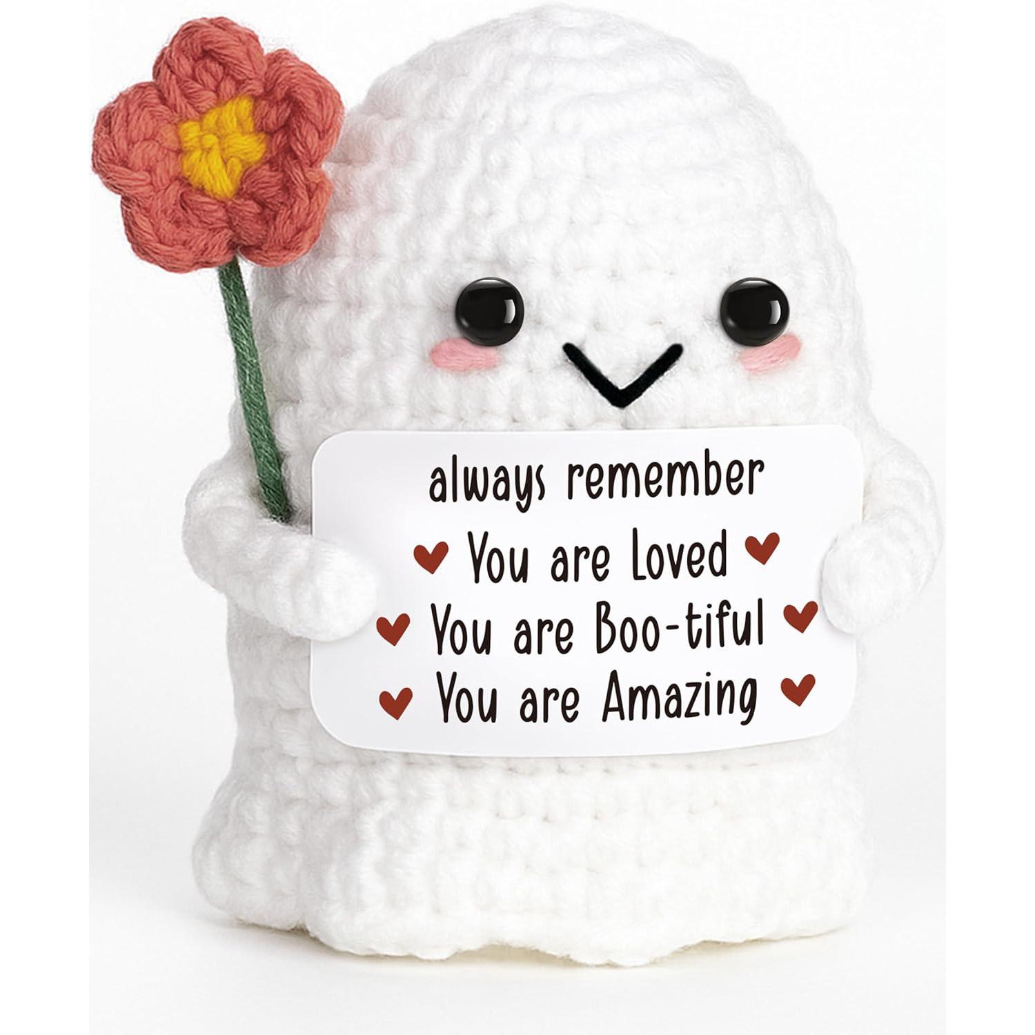 

Handmade Positive Little Flower Ghost Doll With Card Home Decoration Knitted Ghost Doll Ornament Room Decor Christmas Party Gift