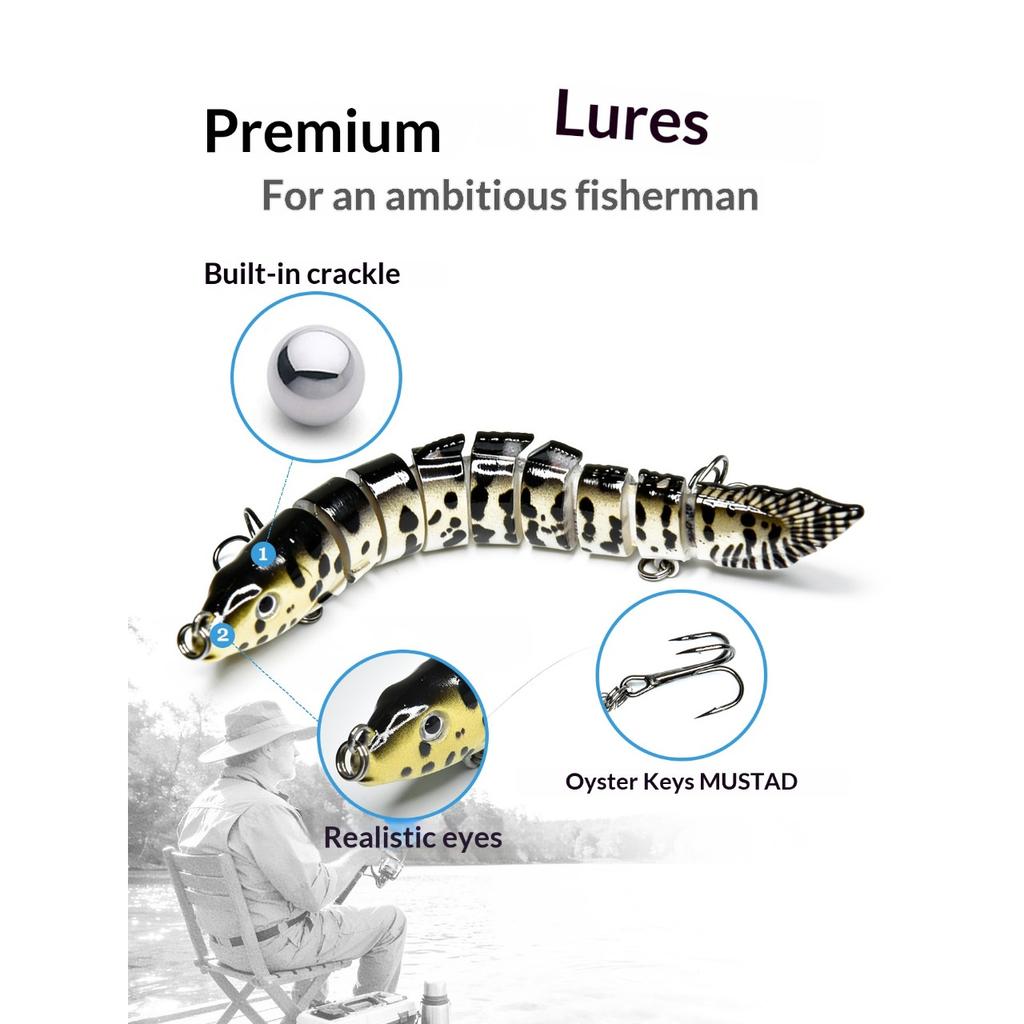 Eight-section bionic pike lure with realistic swimming action. Sharp hooks for solid hooksets, ideal for catching aggressive freshwater predators.